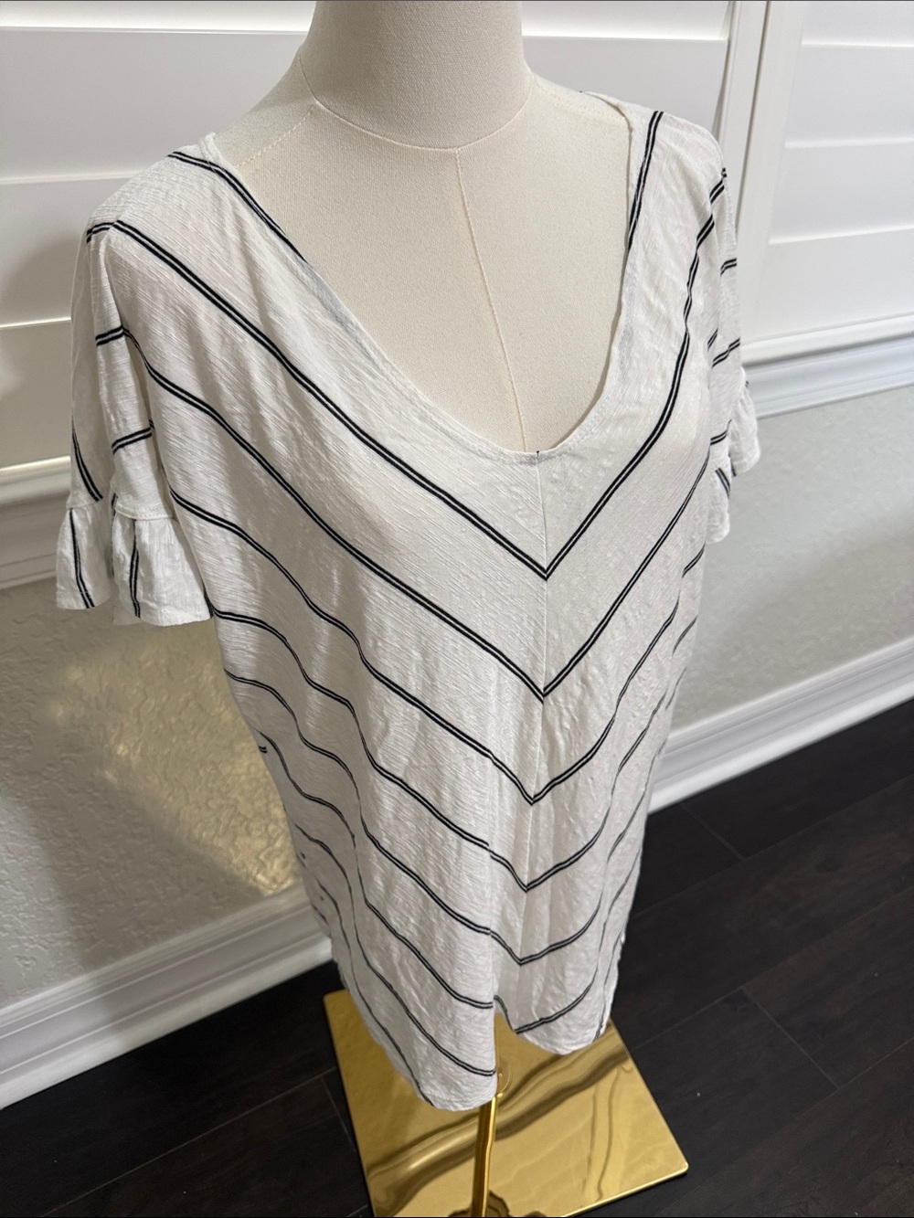 Women’s White V-Neck Short Sleeve Top with Black Stripes